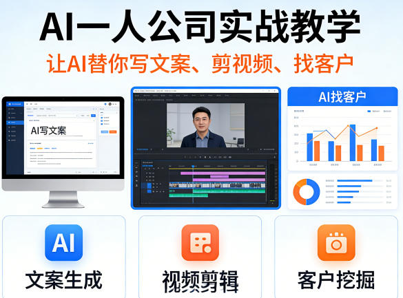 闲鱼引流-AI一人公司实战课程封面图：智能工作流架构示意图与高效创作场景