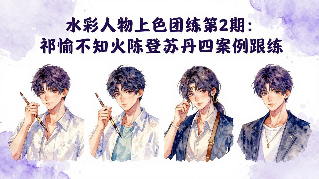 <a href="https://www.zdlhp.com/remen/9257.html" title="闲鱼" target="_blank">闲鱼</a>引流-水彩人物头像上色教学课程封面图，展示祁煜、不知火等角色水彩效果与课程LOGO