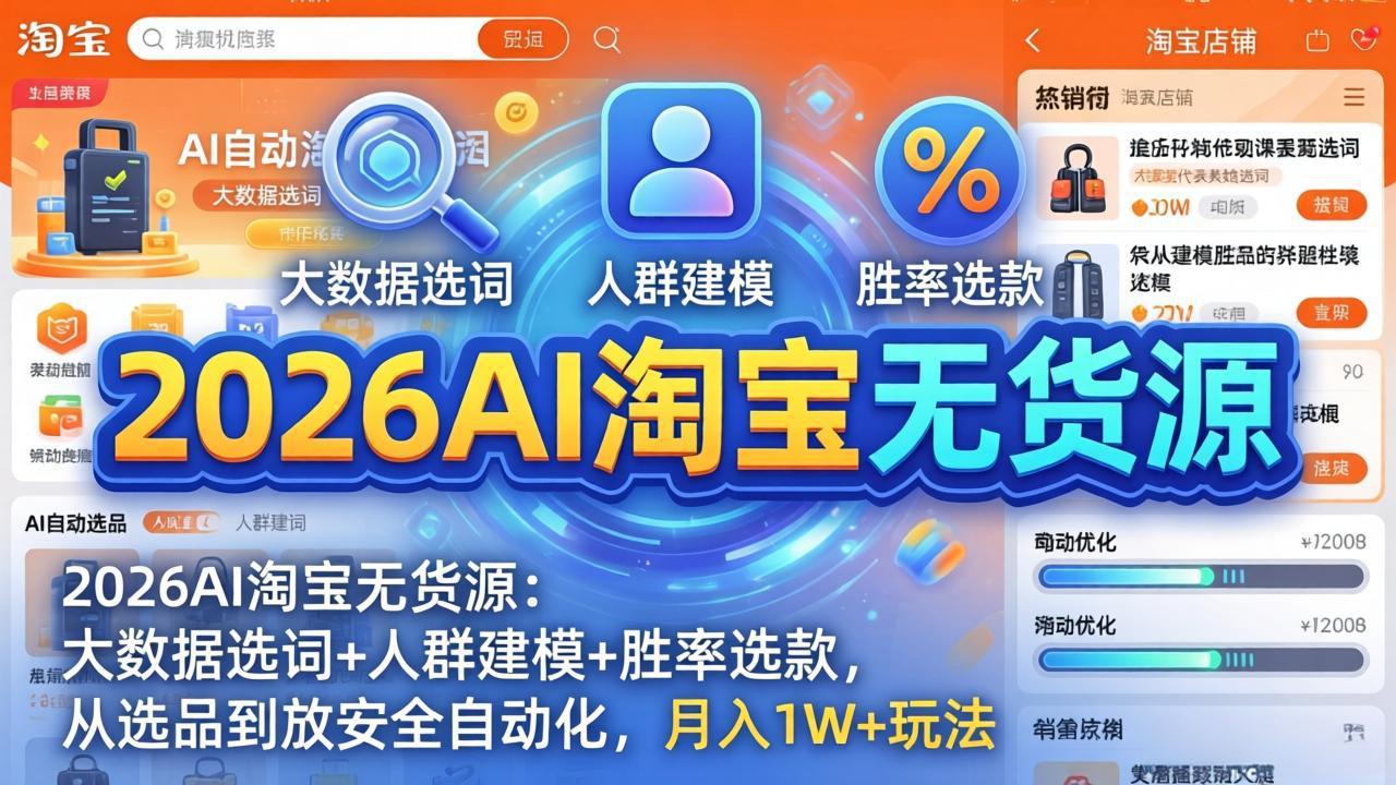 闲鱼引流-2026最新AI淘宝无货源电商课程封面图，展示智能选品、自动上架与数据风控核心模块