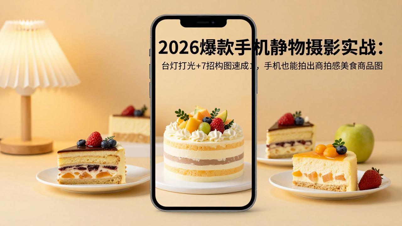 <a href="https://www.zdlhp.com/remen/9257.html" title="闲鱼" target="_blank">闲鱼</a>引流-手机静物摄影课程主视觉图：高清美食与商品静物布景，展现台灯打光与Live图动态效果