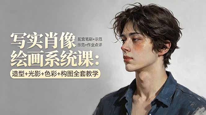 <a href="https://www.zdlhp.com/remen/9257.html" title="闲鱼" target="_blank">闲鱼</a>引流-写实肖像绘画课程封面图：高清人像示范与笔刷资源展示，突出系统教学与专业质感