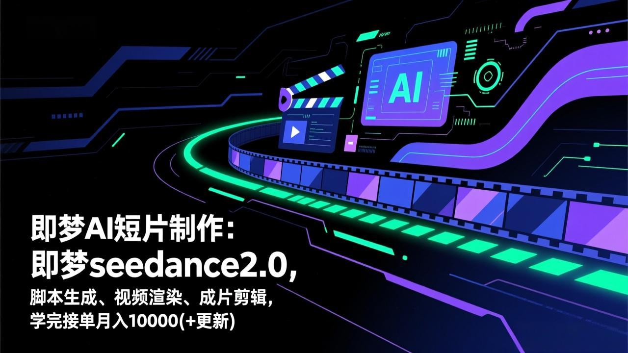 闲鱼引流-即梦AI短片创作课程封面图：高清科幻风界面与动态分镜示意图，突出AI生成短片教学主题