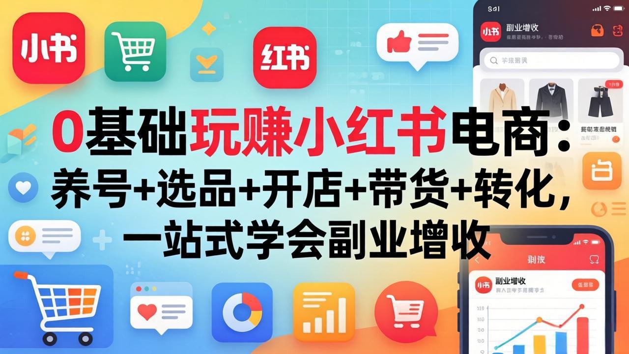 <a href="https://www.zdlhp.com/remen/9257.html" title="闲鱼" target="_blank">闲鱼</a>引流-小红书新手电商课程封面图：蓝白主视觉含‘0基础起号’‘7天出单’核心标语