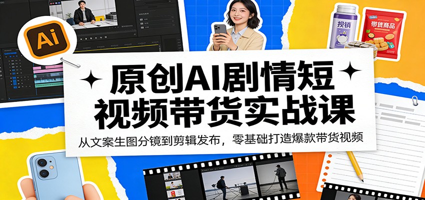 闲鱼引流-AI剧情短视频带货课程封面图：展示手机端生成视频界面与爆款数据看板