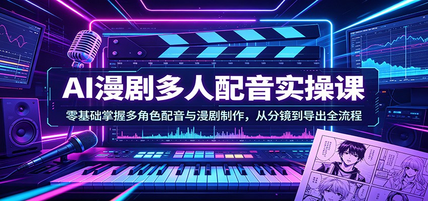 <a href="https://www.zdlhp.com/remen/9257.html" title="闲鱼" target="_blank">闲鱼</a>引流-AI漫剧制作课程封面图：多人配音动态分镜与角色合成界面展示