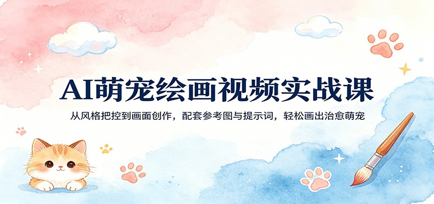 闲鱼引流-AI萌宠绘画课程封面图：卡通狸猫抱猫粮特写，清新治愈风，突出课程核心主题