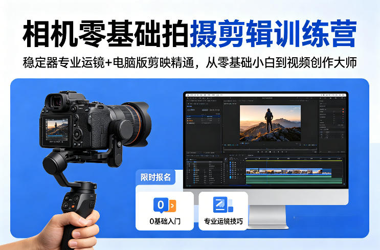 闲鱼引流-零基础相机拍摄剪辑课程封面图，展示稳定器与电脑剪映界面组合教学场景