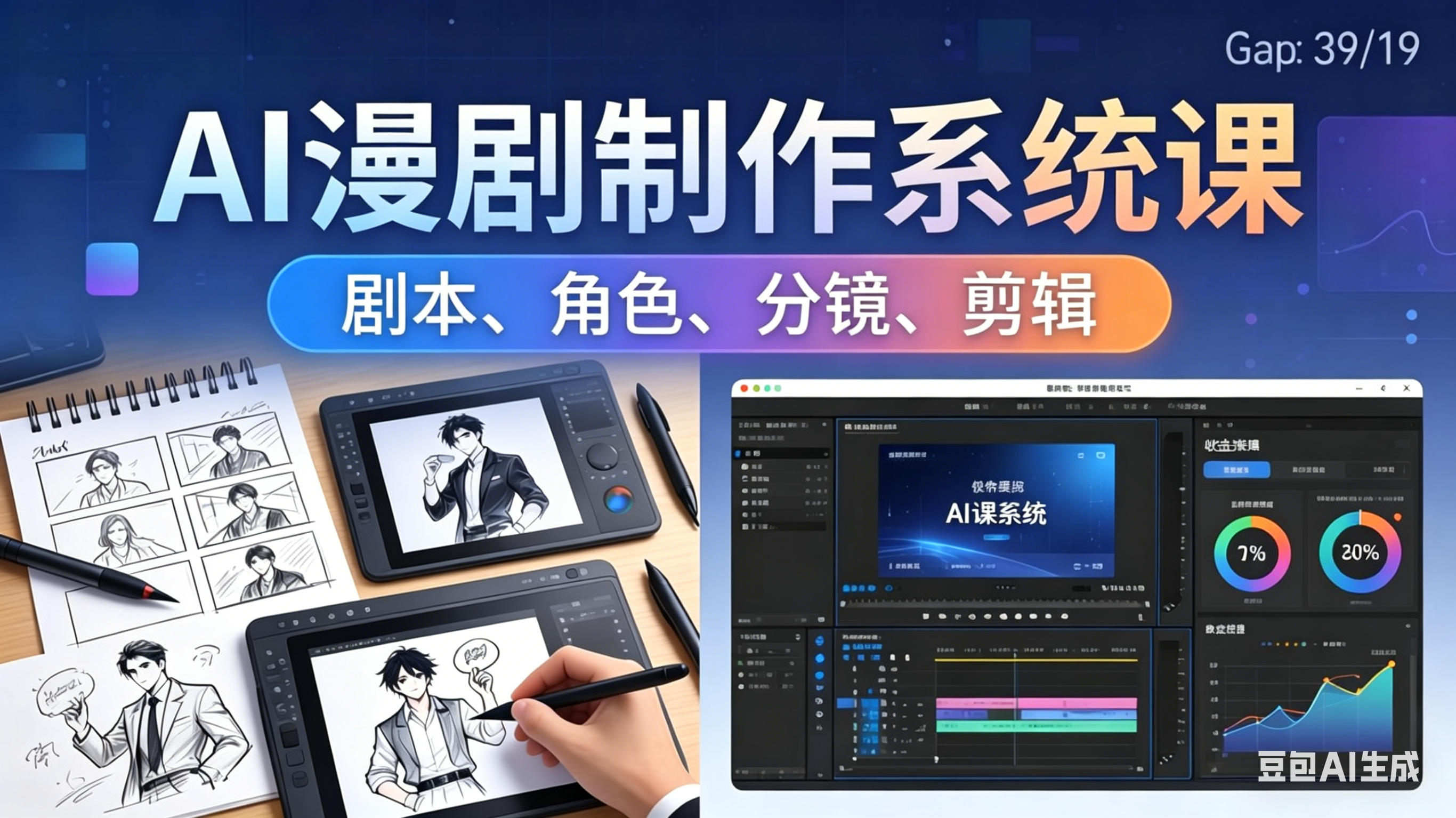 <a href="https://www.zdlhp.com/remen/9257.html" title="闲鱼" target="_blank">闲鱼</a>引流-AI漫剧制作课程封面图：展示智能分镜生成与角色设计界面，突出零基础入门和<a href="https://www.zdlhp.com/duanshipin" title="短视频" target="_blank">短视频</a>爆款元素