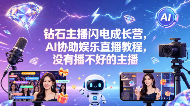 <a href="https://www.zdlhp.com/remen/9257.html" title="闲鱼" target="_blank">闲鱼</a>引流-钻石主播速成营课程主视觉图：AI智能直播辅助系统界面与主播多场景实操对比