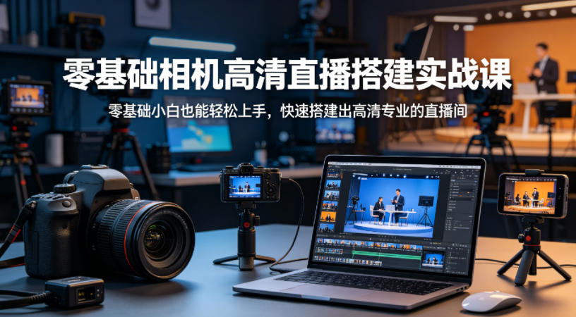 <a href="https://www.zdlhp.com/remen/9257.html" title="闲鱼" target="_blank">闲鱼</a>引流-零基础相机直播搭建实景教学图：高清摄像头、绿幕、环形灯与OBS软件界面同框展示