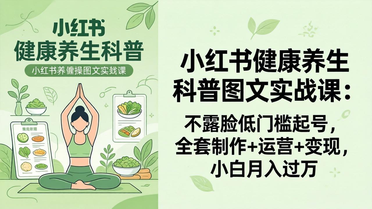 <a href="https://www.zdlhp.com/remen/9257.html" title="闲鱼" target="_blank">闲鱼</a>引流-小红书健康养生图文课程封面图：卡通风格插画+养生关键词视觉呈现