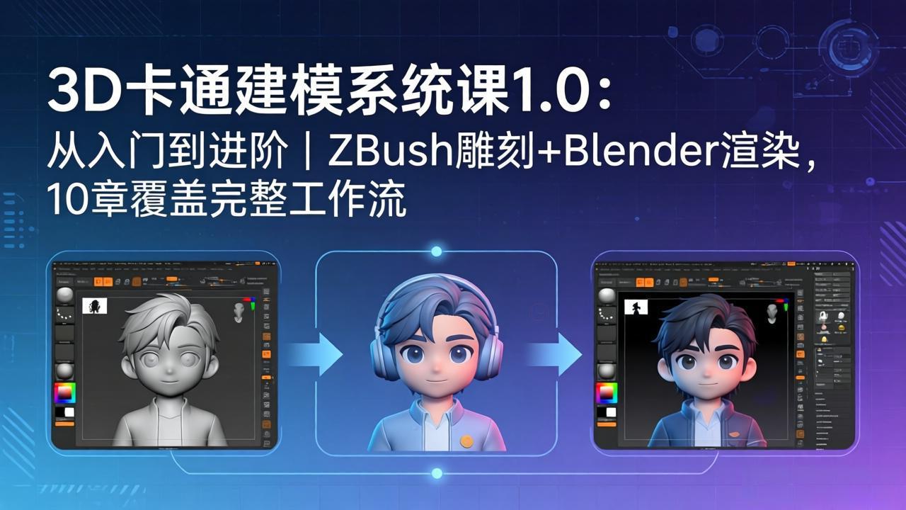 <a href="https://www.zdlhp.com/remen/9257.html" title="闲鱼" target="_blank">闲鱼</a>引流-ZBrush与Blender双软件协同建模教学实拍界面，展示卡通角色头部雕刻与实时渲染效果
