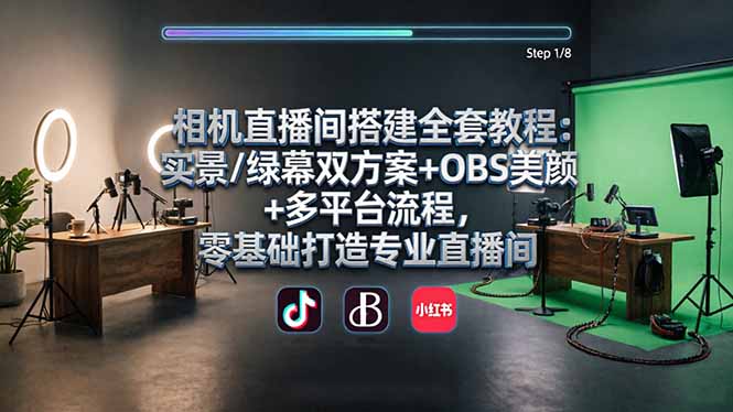 <a href="https://www.zdlhp.com/remen/9257.html" title="闲鱼" target="_blank">闲鱼</a>引流-高清直播间搭建实战课程封面图，展示专业绿幕布光与多机位设备布局
