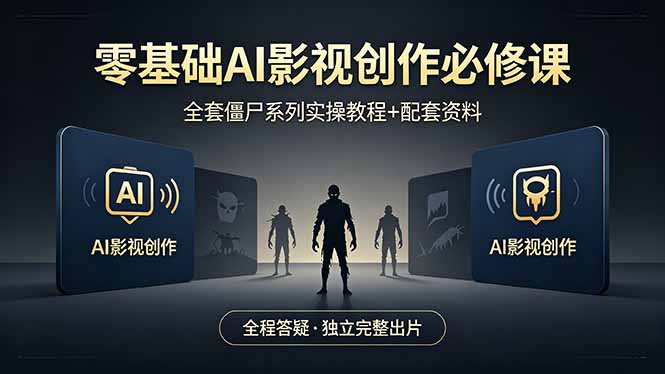 <a href="https://www.zdlhp.com/remen/9257.html" title="闲鱼" target="_blank">闲鱼</a>引流-AI短视频创作课程封面图：僵尸道长风格电影感海报与即梦2.0界面叠加展示
