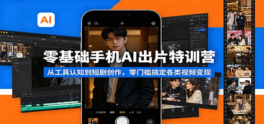 <a href="https://www.zdlhp.com/remen/9257.html" title="闲鱼" target="_blank">闲鱼</a>引流-手机AI短视频创作课程封面图，展示智能手机与AI工具协同生成口播视频、祝福动画及短剧的实操界面