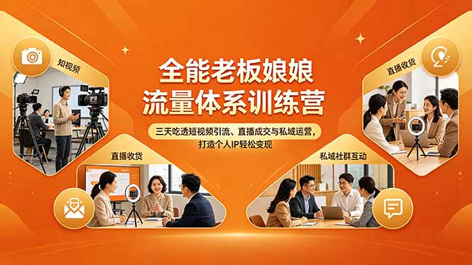 <a href="https://www.zdlhp.com/remen/9257.html" title="闲鱼" target="_blank">闲鱼</a>引流-全能老板娘流量训练营主视觉图：女性创业者专注运营手机屏幕，背景融合短视频界面、直播话筒与私域<a href="https://www.zdlhp.com/shequnyunying" title="社群" target="_blank">社群</a>图标