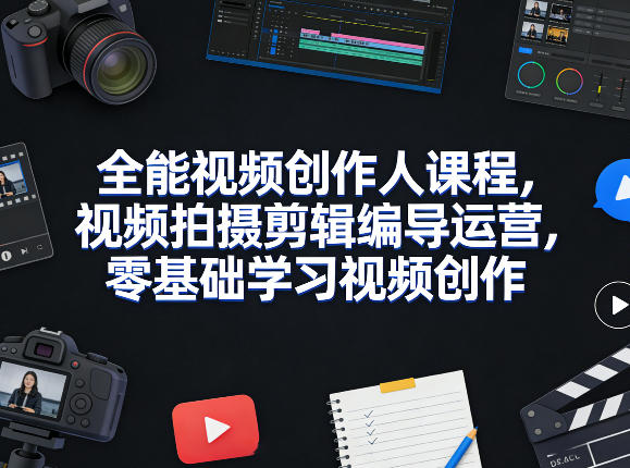 <a href="https://www.zdlhp.com/remen/9257.html" title="闲鱼" target="_blank">闲鱼</a>引流-全能视频创作课程主视觉图：展示手机拍摄、剪映界面、导演分镜本与AI工具图标组合场景