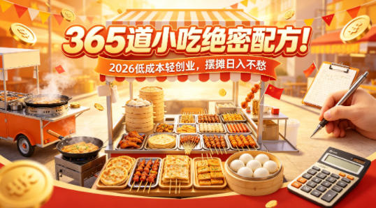 <a href="https://www.zdlhp.com/remen/9257.html" title="闲鱼" target="_blank">闲鱼</a>引流-2026爆款小吃配方课程封面图，展示365道商用级市井美食教学资源