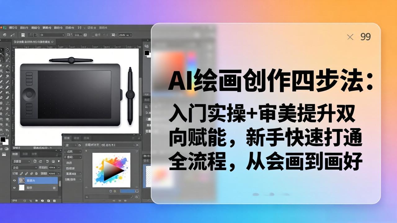 闲鱼引流-AI绘画四步法课程封面图：清晰展示从草图输入到高清成稿的全流程视觉对比