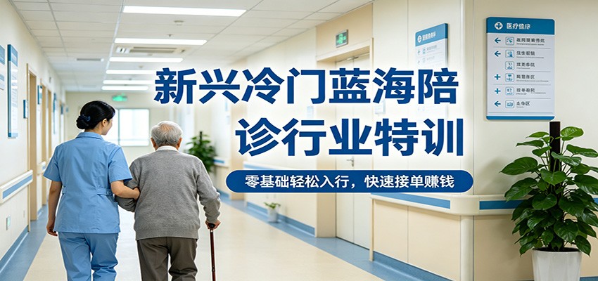 <a href="https://www.zdlhp.com/remen/9257.html" title="闲鱼" target="_blank">闲鱼</a>引流-零基础陪诊师培训课程封面图，展示就医陪同服务场景与职业入门路径