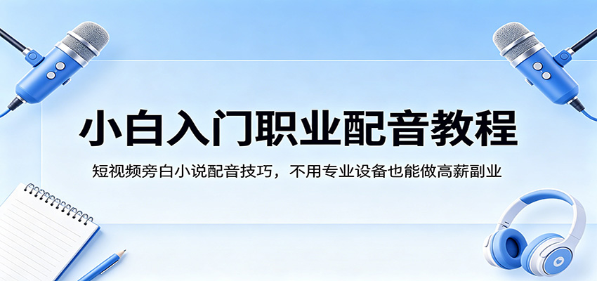 <a href="https://www.zdlhp.com/remen/9257.html" title="闲鱼" target="_blank">闲鱼</a>引流-零基础职业配音课程封面图：麦克风与笔记本特写，突出‘无需经验、居家可学’核心卖点