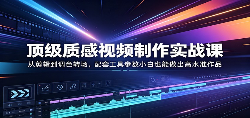 <a href="https://www.zdlhp.com/remen/9257.html" title="闲鱼" target="_blank">闲鱼</a>引流-电影级质感视频制作课程封面图，展示专业剪辑界面与高清成片对比效果