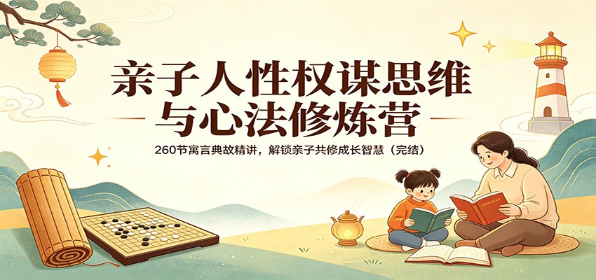 <a href="https://www.zdlhp.com/remen/9257.html" title="闲鱼" target="_blank">闲鱼</a>引流-亲子共学权谋思维课程封面图：温馨家庭场景中父母与孩子共听寓言故事，突出260讲体系化内容与心法成长主题