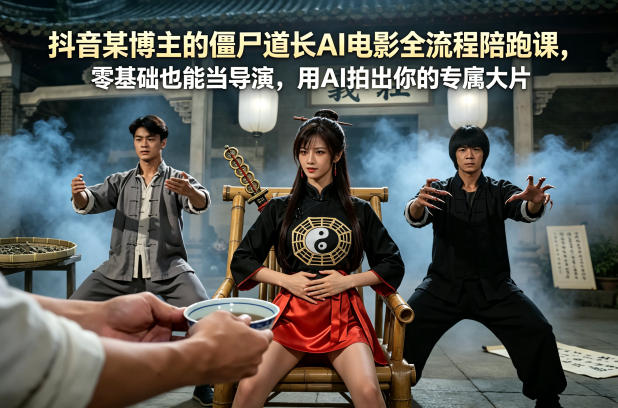 <a href="https://www.zdlhp.com/remen/9257.html" title="闲鱼" target="_blank">闲鱼</a>引流-僵尸道长AI电影课程封面图，展示港风僵尸题材与AI生成技术结合的视觉主画面