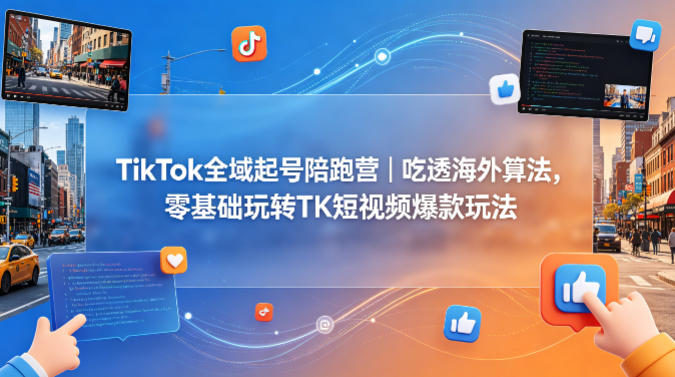 <a href="https://www.zdlhp.com/remen/9257.html" title="闲鱼" target="_blank">闲鱼</a>引流-TikTok起号陪跑营课程封面图：展示海外短视频运营全流程与算法解析核心内容
