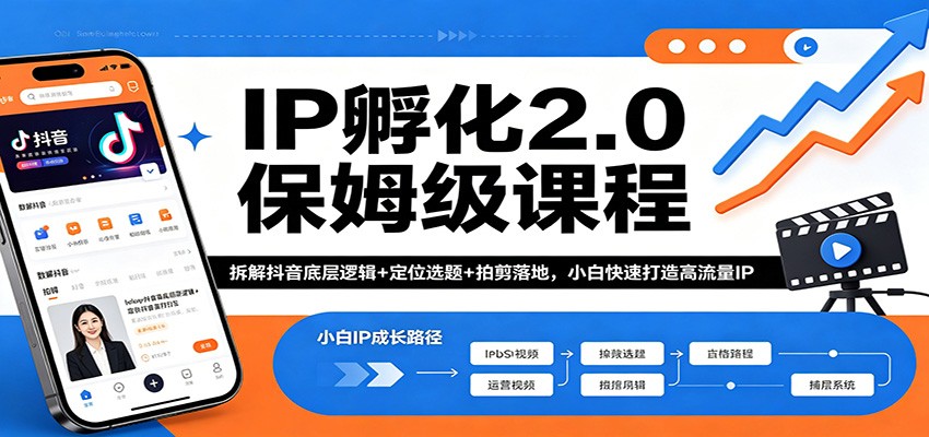 <a href="https://www.zdlhp.com/remen/9257.html" title="闲鱼" target="_blank">闲鱼</a>引流-抖音IP孵化课程封面图：主视觉含‘从0到1’‘高流量’‘强变现’关键词，突出实操感与专业设计