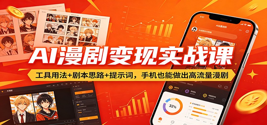 <a href="https://www.zdlhp.com/remen/9257.html" title="闲鱼" target="_blank">闲鱼</a>引流-AI漫剧制作课程封面图：展示手机端生成漫剧分镜与AI工具界面操作实拍