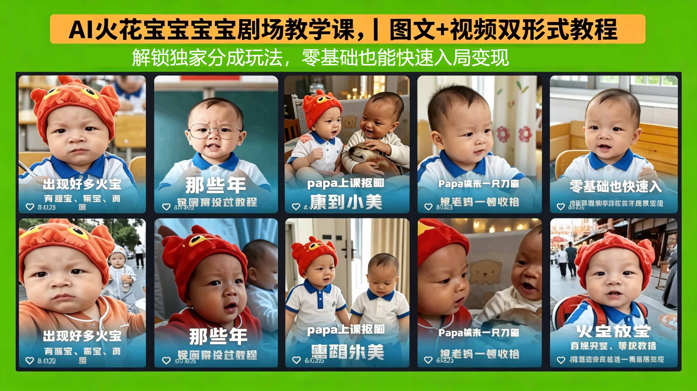 <a href="https://www.zdlhp.com/remen/9257.html" title="闲鱼" target="_blank">闲鱼</a>引流-AI火花宝宝课程封面图：卡通宝宝手持AI芯片与播放按钮，突出短视频分成与智能创作主题