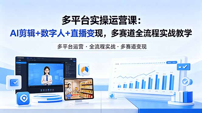 闲鱼引流-野狼团队多平台AI运营课程主视觉图，含抖音快手视频号小红书图标与AI数字人元素