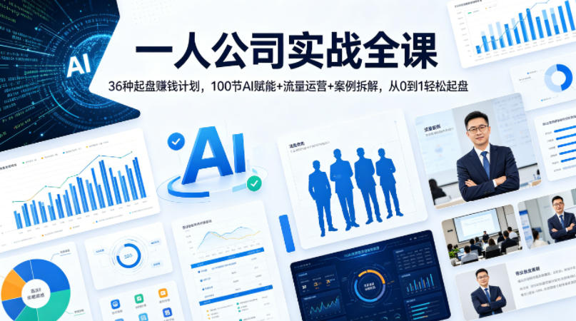<a href="https://www.zdlhp.com/remen/9257.html" title="闲鱼" target="_blank">闲鱼</a>引流-一人公司实战课主视觉图：展示AI工具界面、短视频后台数据看板与全球地图标记的融合设计
