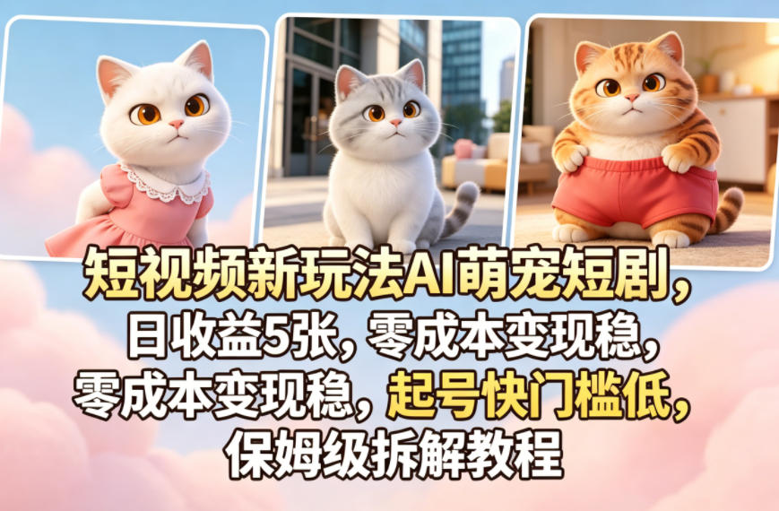 <a href="https://www.zdlhp.com/remen/9257.html" title="闲鱼" target="_blank">闲鱼</a>引流-AI萌宠短剧实战案例图：卡通猫角色演绎反转剧情，界面显示当日收益527元及3条爆款视频数据
