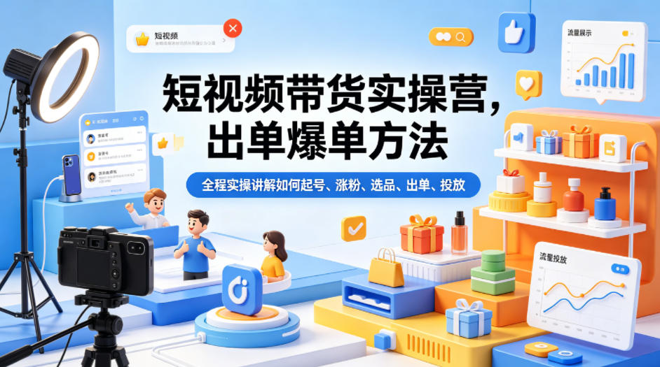 <a href="https://www.zdlhp.com/remen/9257.html" title="闲鱼" target="_blank">闲鱼</a>引流-短视频带货实战营课程主视觉图：展示起号涨粉选品剪辑投放全流程示意图