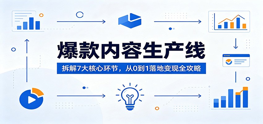 <a href="https://www.zdlhp.com/remen/9257.html" title="闲鱼" target="_blank">闲鱼</a>引流-爆款内容生产线课程封面图：七步闭环模型可视化展示，含选题策划到数据复盘全流程