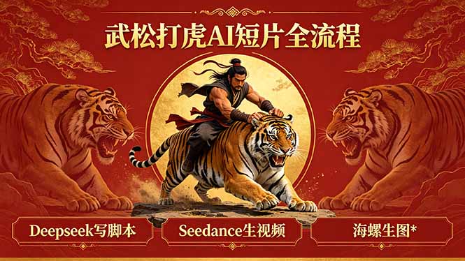 闲鱼引流-武松打虎AI短片课程封面图：水墨风格武松持哨棒立于景阳冈，背景云雾缭绕，体现AI生成古典叙事短视频教学主题