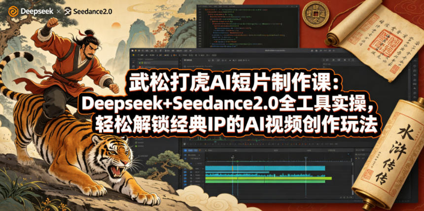 <a href="https://www.zdlhp.com/remen/9257.html" title="闲鱼" target="_blank">闲鱼</a>引流-武松打虎AI短片制作课封面图：Deepseek与Seedance2.0双工具界面协同演示武松打虎动态分镜生成过程