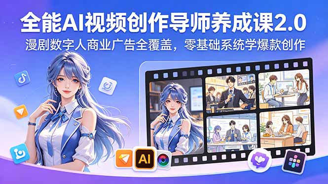 (图1) 闲鱼引流-AI视觉导演课第二期主视觉图:融合漫剧分镜、数字人形象与TVC广告镜头的三维创意合成