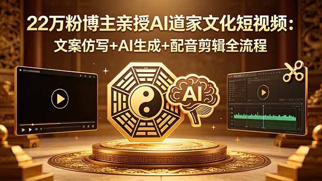 闲鱼引流-AI道家文化短<a href="https://www.zdlhp.com/shipinkecheng" title="视频课程" target="_blank">视频课程</a>封面图：净尘隐者主讲，含太极、AI图标与古风界面元素