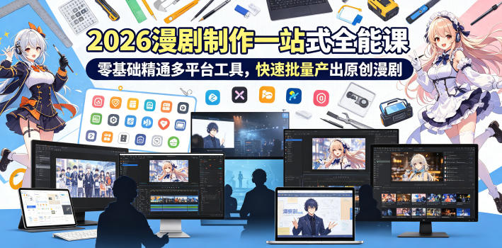 (图1) 闲鱼引流-2026 AI漫剧制作全能课封面图:零基础学员7天掌握12大AI漫剧平台实操技巧