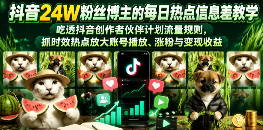0成本掌握抖音热点信息差！3步吃透创作者伙伴计划，7天精准获客+稳定变现