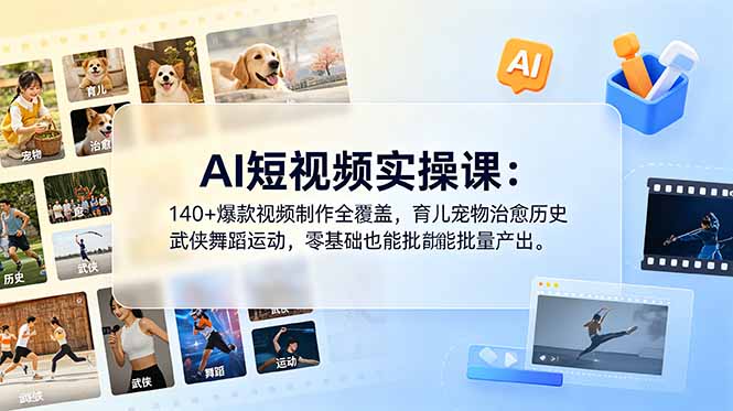 (图1) 闲鱼引流-AI短<a href="https://www.zdlhp.com/shipinkecheng" title="视频课程" target="_blank">视频课程</a>主视觉图:科技蓝渐变背景搭配动态剪辑界面与AI生成人物,突出零基础入门与智能创作主题