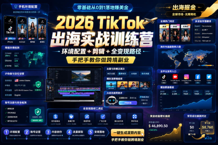 <a href="https://www.zdlhp.com/remen/9257.html" title="闲鱼" target="_blank">闲鱼</a>引流-2026 TikTok出海实战课封面图：手机环境配置与混剪剪辑全流程教学，助普通人轻松启动TikTok跨境<a href="https://www.zdlhp.com/remen" title="副业" target="_blank">副业</a>