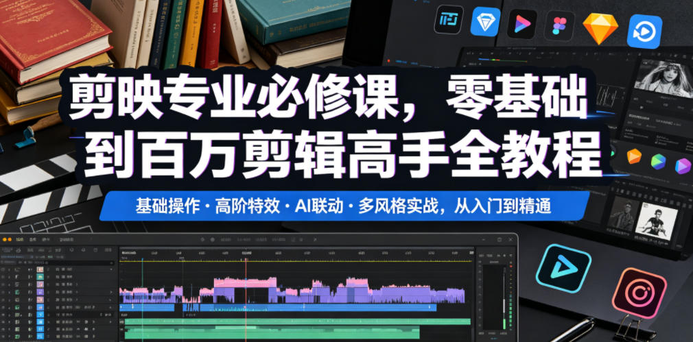 (图1) 闲鱼引流-剪映专业进阶全体系课封面图:展示界面实操界面与AI协同工作流示意图,突出电影感调色与粒子特效合成效果