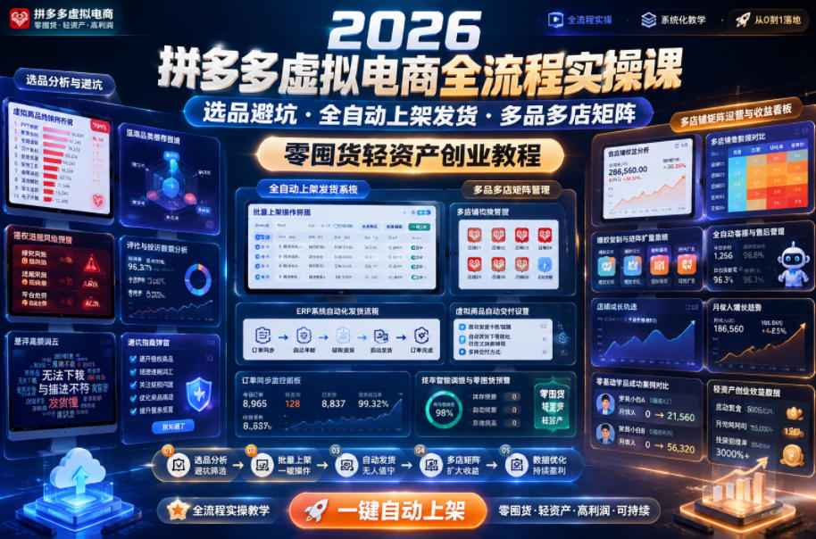0成本启动！拼多多虚拟电商3步实操法：选品避坑、自动上架发货、多店矩阵引流变现