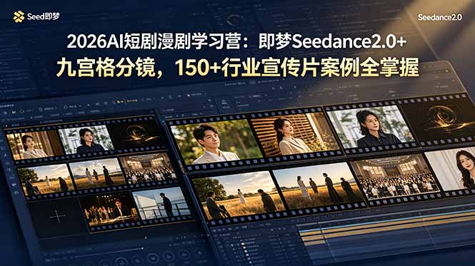 (图1) 闲鱼引流-AI短剧漫剧学习营主视觉图:即梦AI Seedance2.0界面与九宫格分镜示意图,突出<a href="https://www.zdlhp.com/duanshipin" title="短视频" target="_blank">短视频</a>创作与商业变现主题