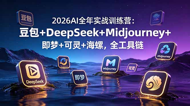 (图1) <a href="https://www.zdlhp.com/remen/9257.html" title="闲鱼" target="_blank">闲鱼</a>引流-2026AI训练营主视觉图:涵盖AI绘图、视频生成、音乐创作与办公提效四大核心模块