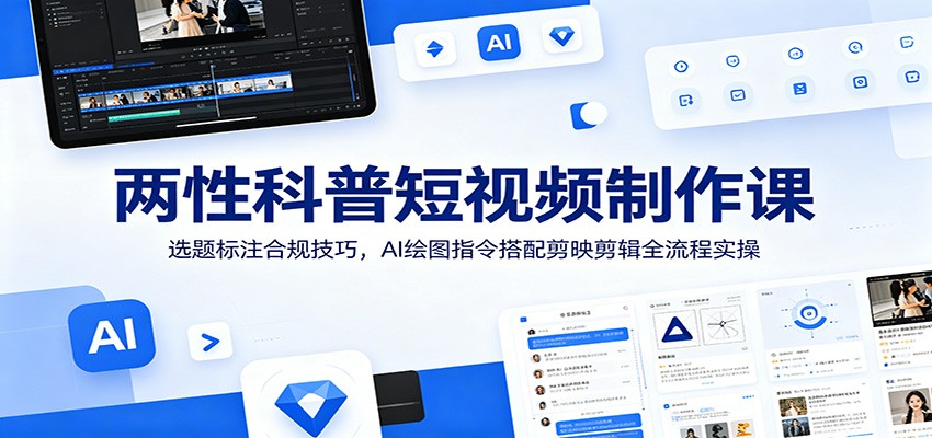(图1) 闲鱼引流-两性科普短<a href="https://www.zdlhp.com/shipinkecheng" title="视频课程" target="_blank">视频课程</a>封面图:剪映界面与<a href="https://app-a873btcv2n0h.appmiaoda.com" title="AI" target="_blank">AI</a>绘图指令文档组合展示,突出安全合规与高效量产主题